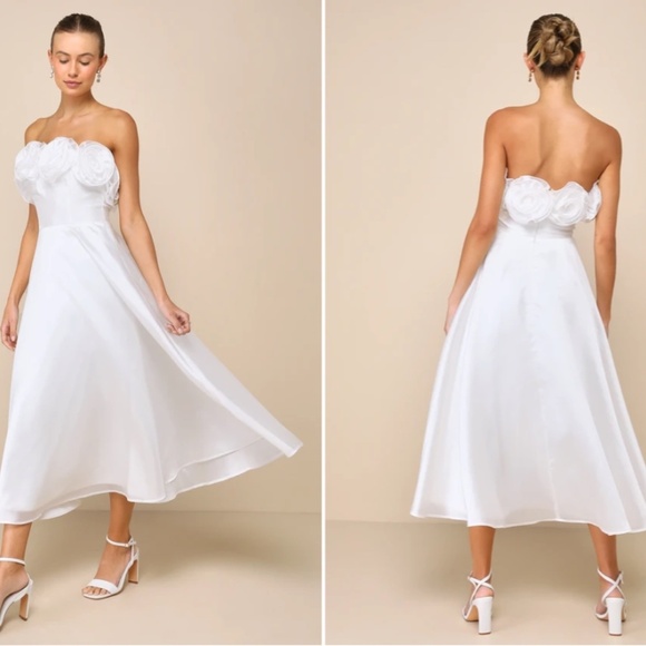 LULUS Elegant Bridal Bachelorette Engagement Bridal Shower Floral Strapless Mid - Picture 3 of 7